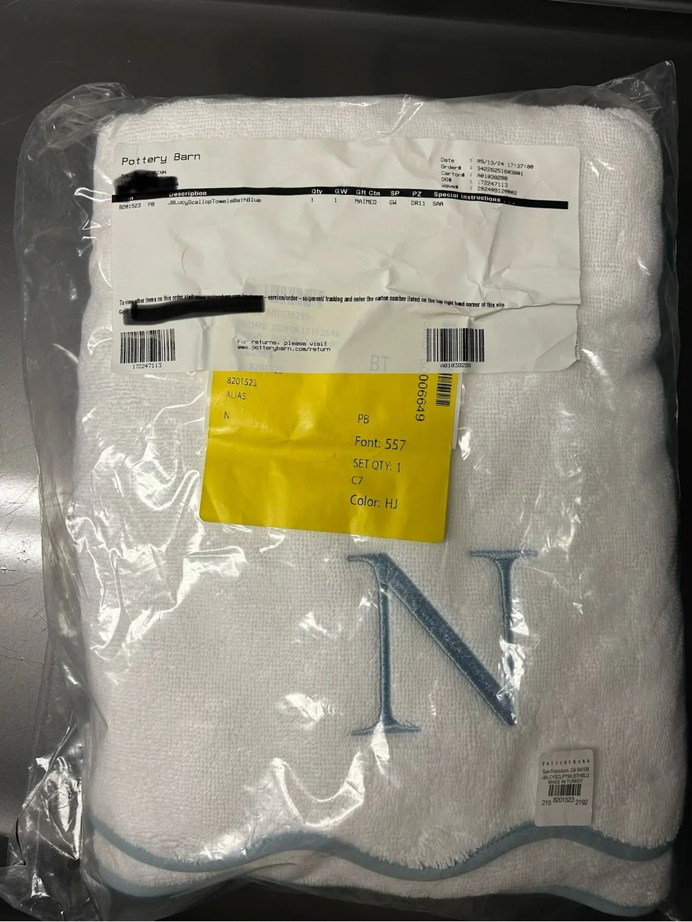 Pottery Barn White Towel with Light Blue Monogram N